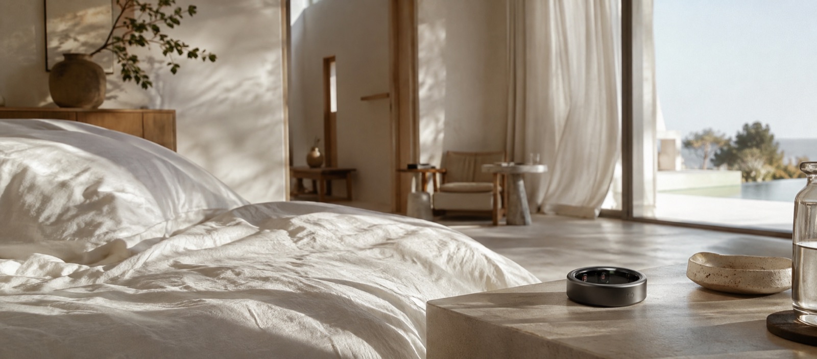 Morning light in a minimalist resort suite, a smart ring resting on the nightstand beside the bed