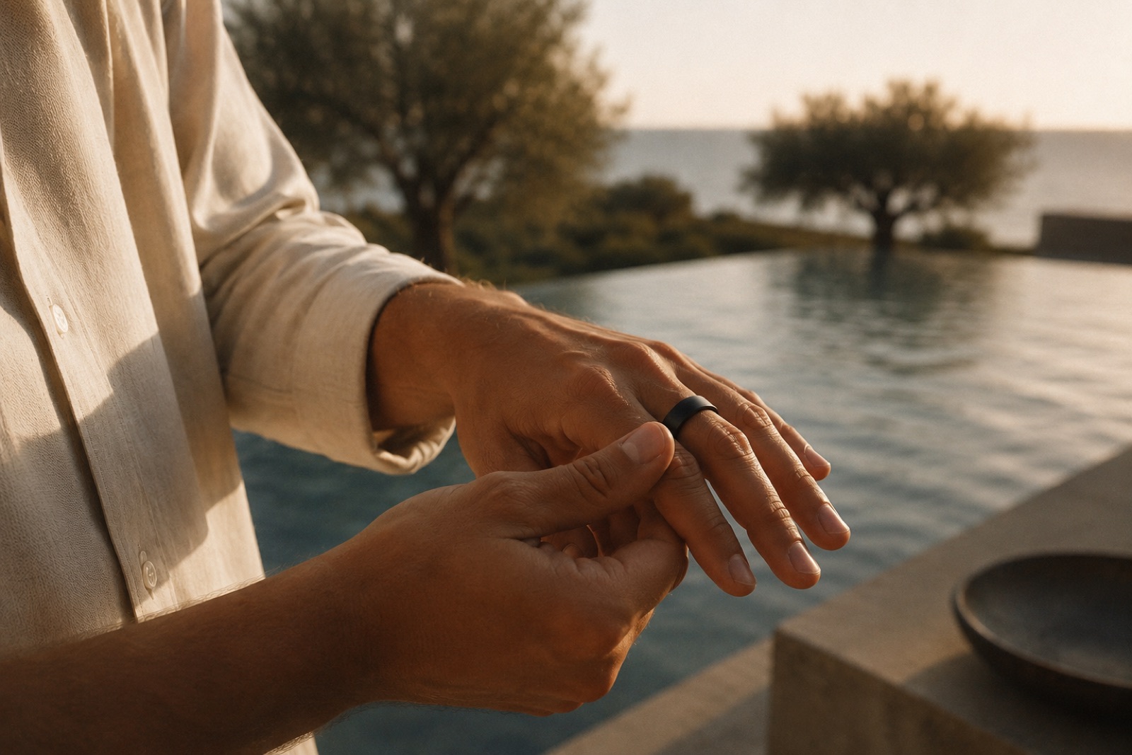 Hands fastening a minimalist smart ring at golden hour, an infinity pool and olive trees behind