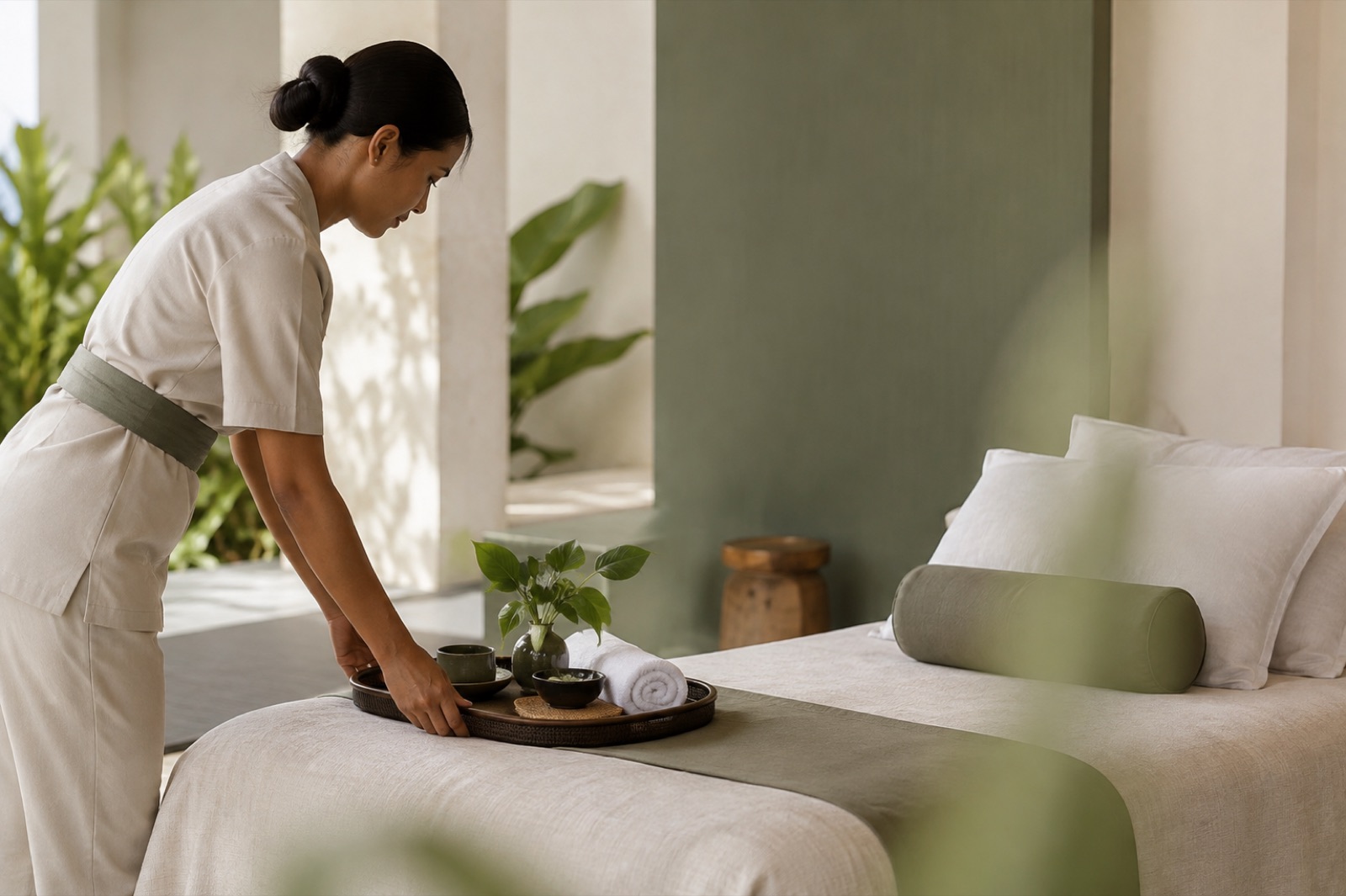 Spa therapist placing a wellness tray on a treatment bed in soft natural light
